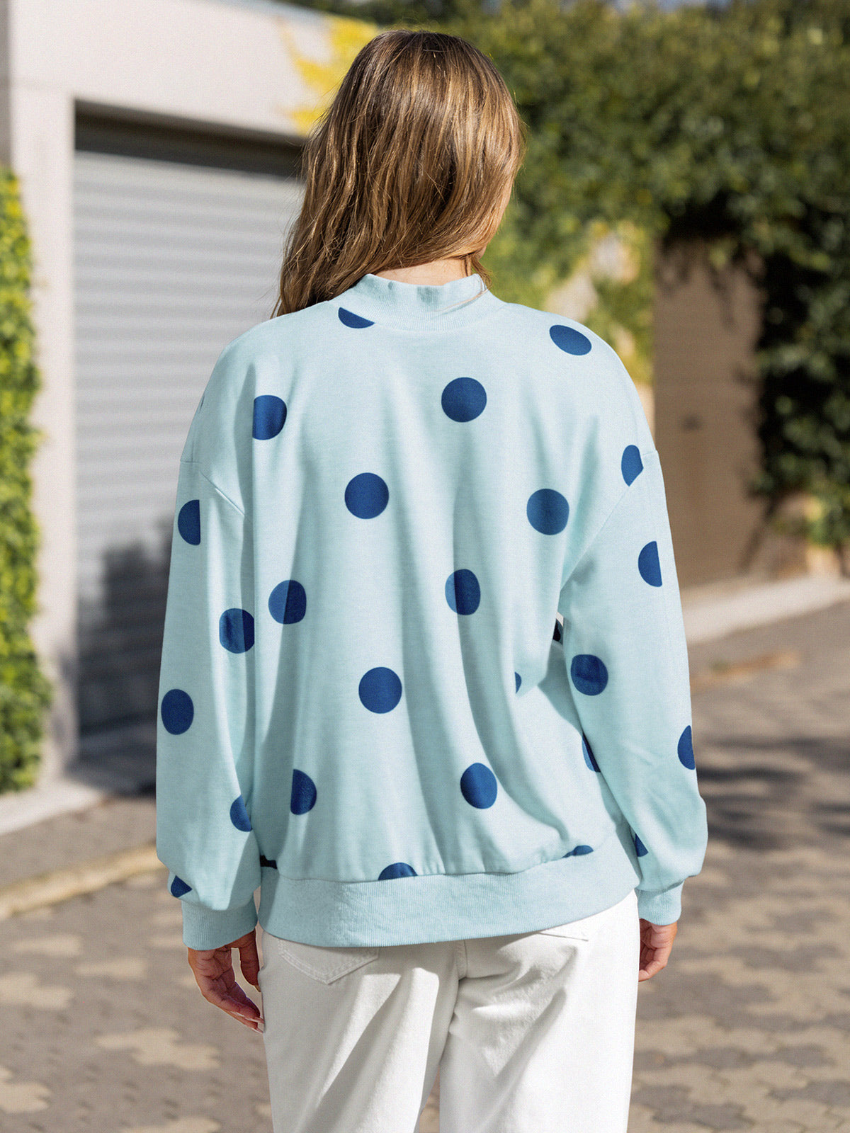Mock Neck Long Sleeve Polka Dot Sweatshirts - Fisoew