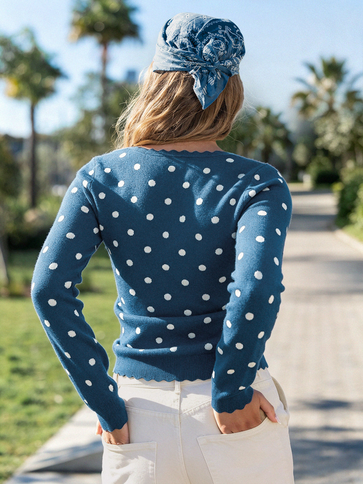 Polka Dot Slim Fit Knit Long Sleeve Tops - Fisoew