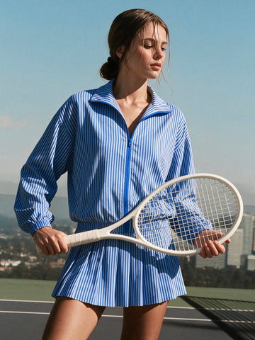 Stripe Zipper Jacket With Pleated Skirt Sets - Fisoew