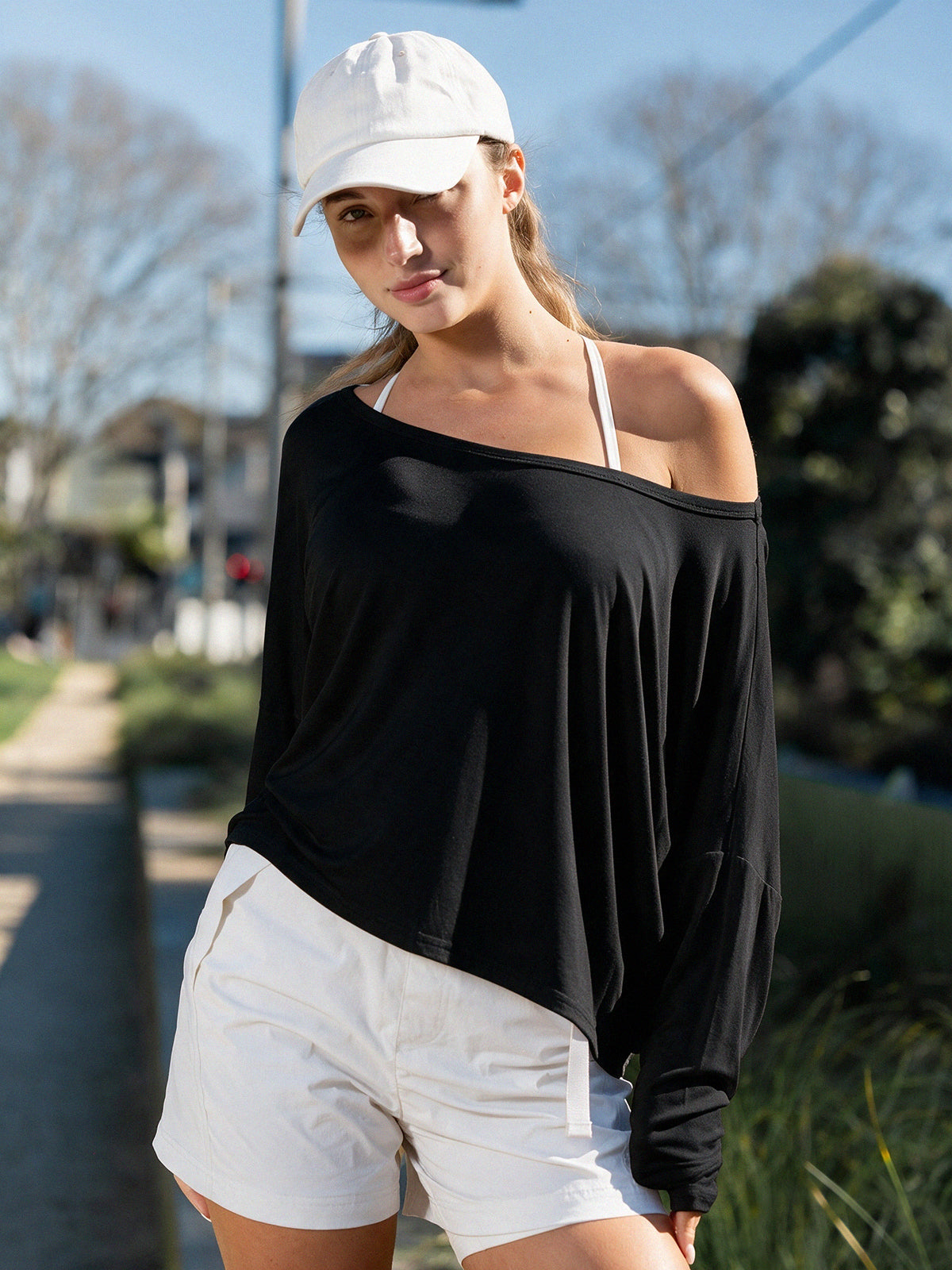 Off Shoulder Solid Long Sleeve T-Shirts - Fisoew