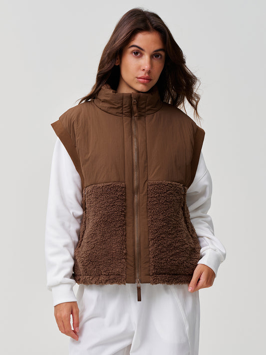 Sherpa Fleece Puffer Patchwork Zip Up Vests