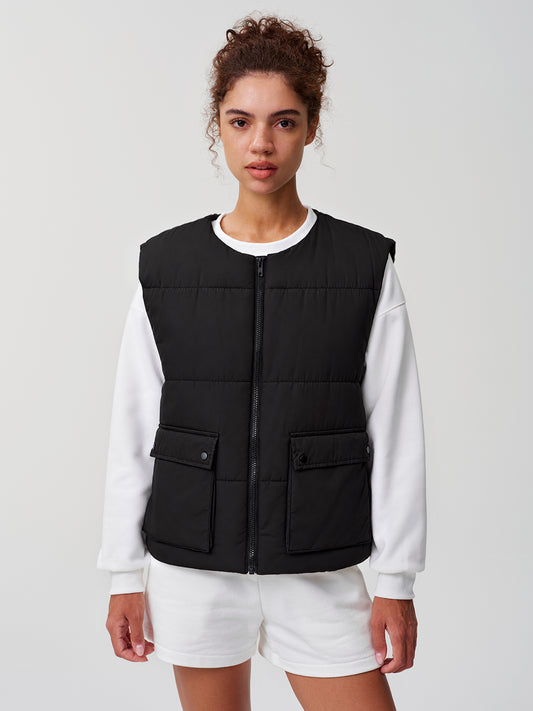 Cropped Puffer Zip Up with Pockets Vests