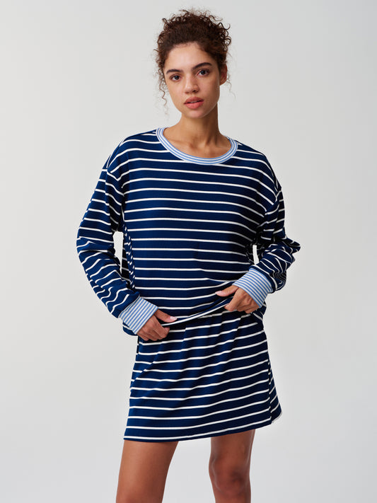 Stribede Langærmede Crop Tops Med Skort Sæt