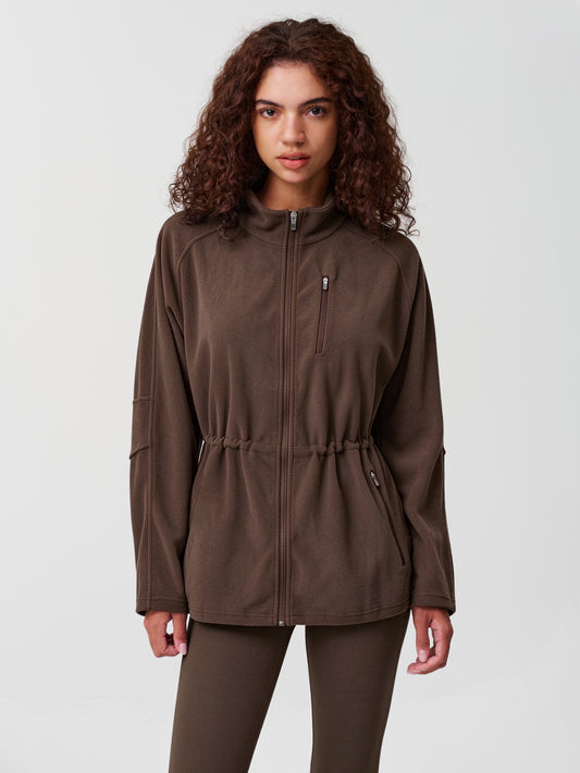 Mock Neck Drawstring Waist Fleece Coats