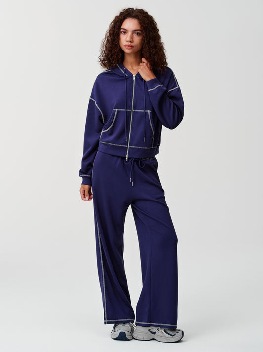 Zip Up Hooded With Wide Leg Pants Outfits Sets