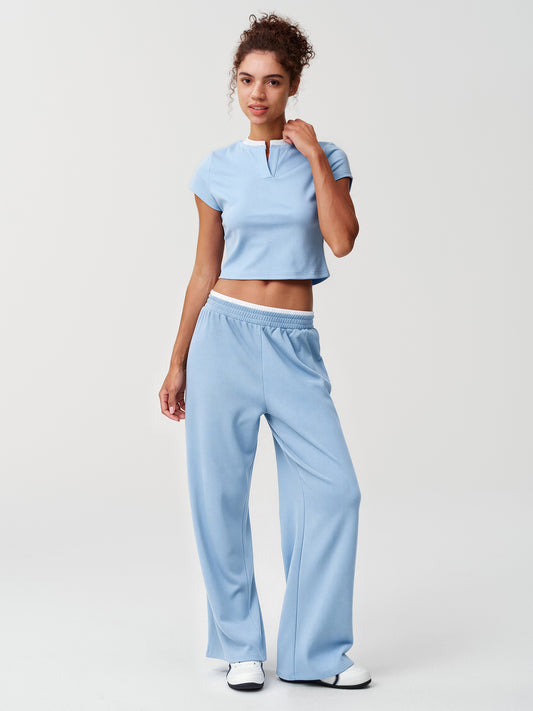 Contrast-Trim Notch-Neck Crop Top & Wide-Leg Pants Set