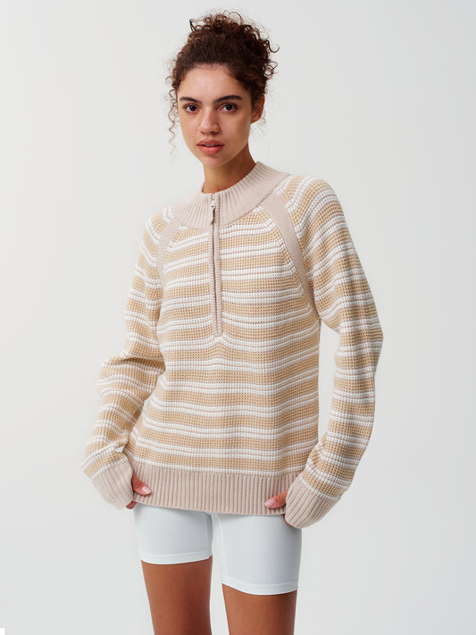 Half Zip Striped Pullover Ribbed Knit Tops