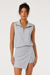 Grey Sleeveless Half Zip Skirt Sets Fisoew - Fisoew
