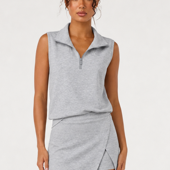 Grey Sleeveless Half Zip Skirt Sets Fisoew - Fisoew
