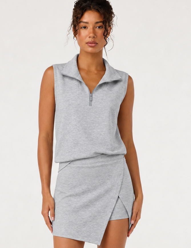 Grey Sleeveless Half Zip Skirt Sets Fisoew - Fisoew