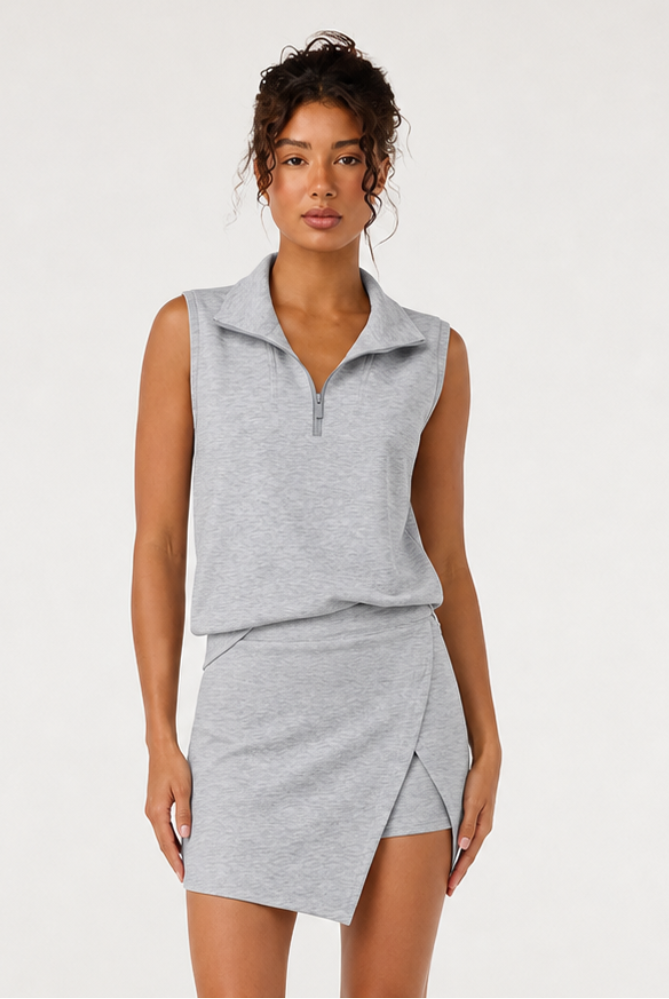 Grey Sleeveless Half Zip Skirt Sets Fisoew - Fisoew