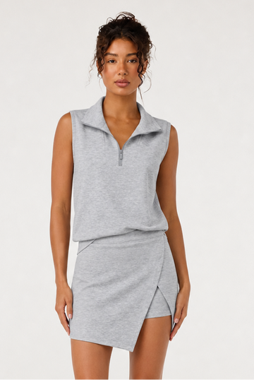Grey Sleeveless Half Zip Skirt Sets Fisoew - Fisoew