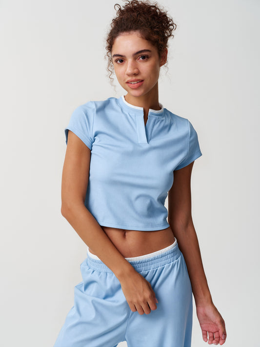 Contrast-Trim Notch-Neck Crop Top & Wide-Leg Pants Set