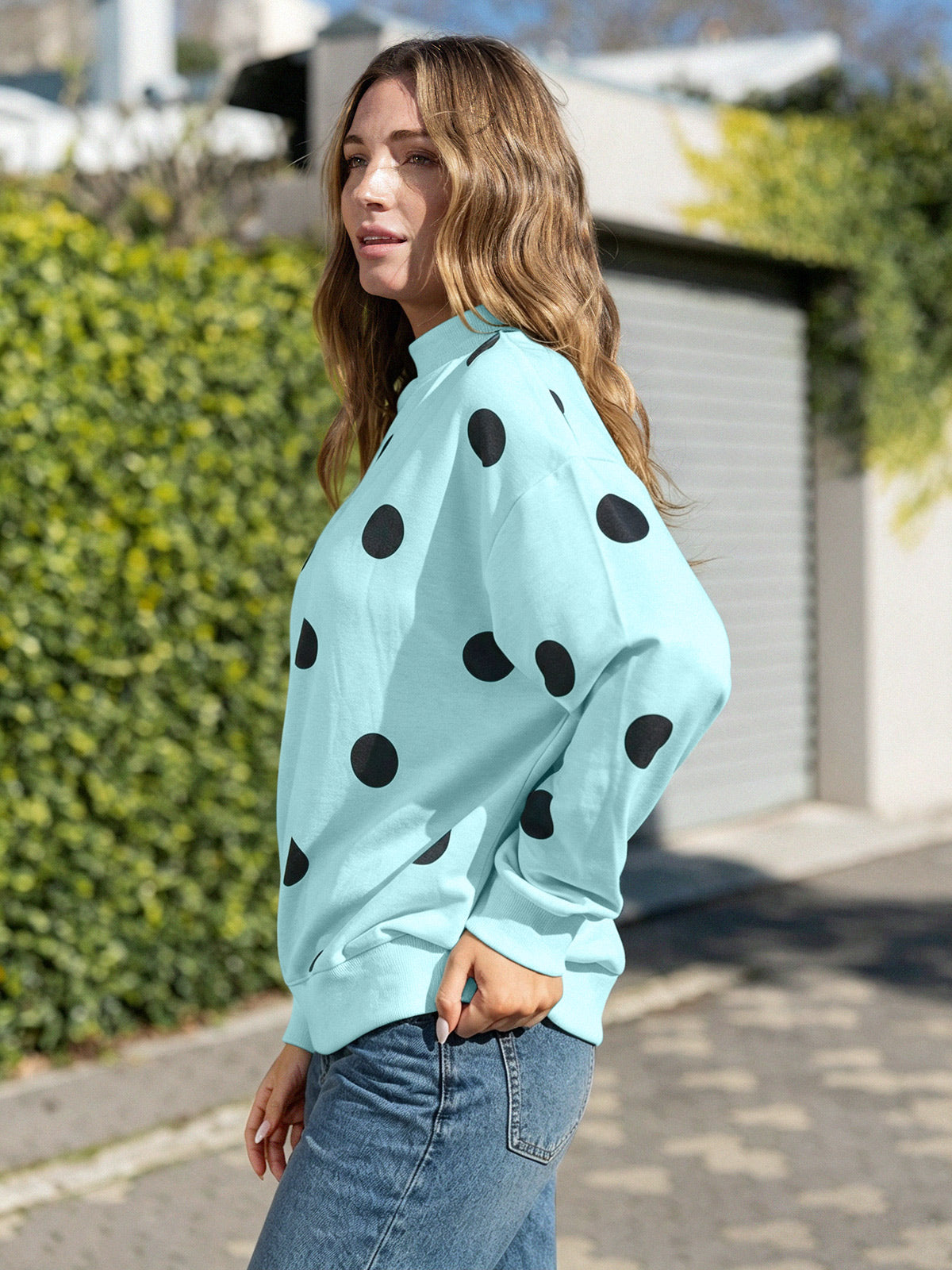 Mock Neck Long Sleeve Polka Dot Sweatshirts - Fisoew