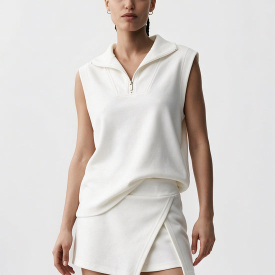 Khaki Sleeveless Half Zip Skirt Sets Fisoew - Fisoew