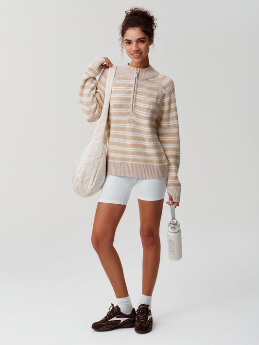 Half Zip Striped Pullover Ribbed Knit Tops