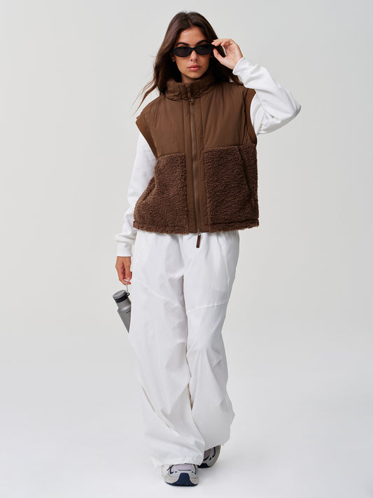 Sherpa Fleece Puffer Patchwork Zip Up Vests