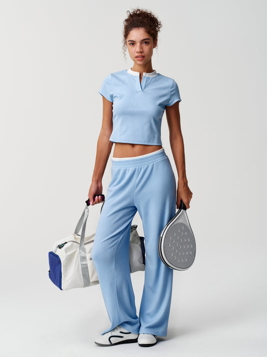 Contrast-Trim Notch-Neck Crop Top & Wide-Leg Pants Set