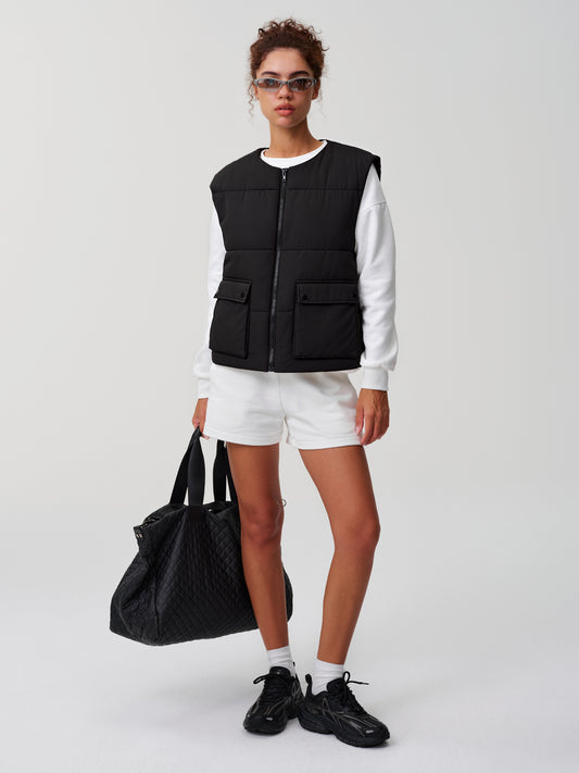 Cropped Puffer Zip Up with Pockets Vests
