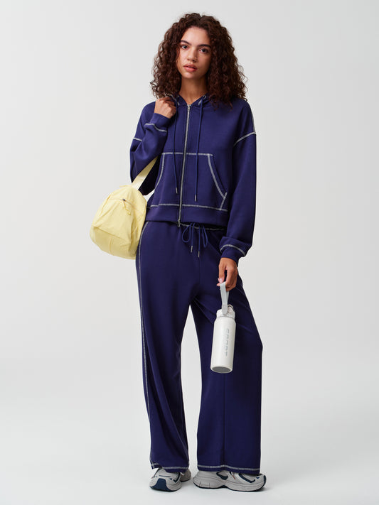 Zip Up Hooded With Wide Leg Pants Outfits Sets