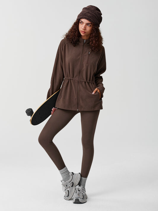 Mock Neck Drawstring Waist Fleece Coats