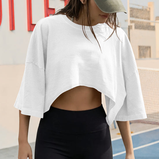 Fisoew Women's White Casual Short Sleeve Drop Shoulder T Shirts - Fisoew