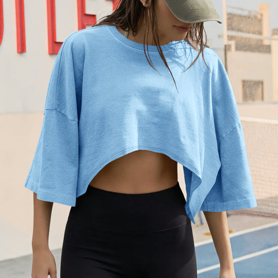 Fisoew Women's Blue Casual Short Sleeve Drop Shoulder T Shirts - Fisoew