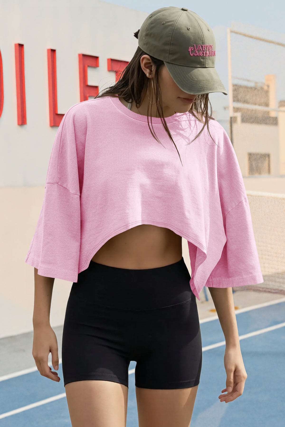 Fisoew Women's Pink Casual Short Sleeve Drop Shoulder T Shirts