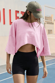 Fisoew Women's Pink Casual Short Sleeve Drop Shoulder T Shirts