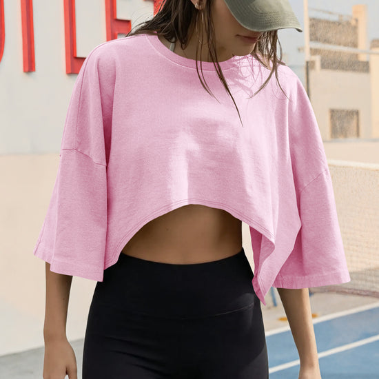 Fisoew Women's Pink Casual Short Sleeve Drop Shoulder T Shirts - Fisoew