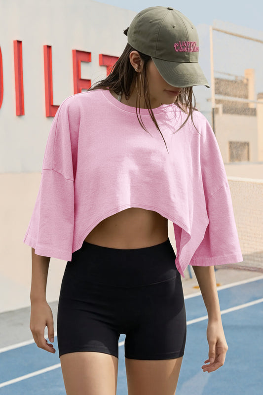 Fisoew Women's Pink Casual Short Sleeve Drop Shoulder T Shirts - Fisoew