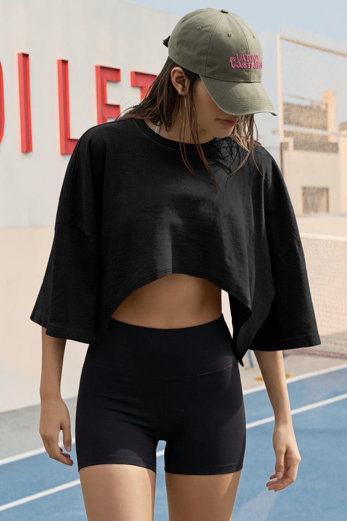 Fisoew Women's Black Casual Short Sleeve Drop Shoulder T Shirts - Fisoew
