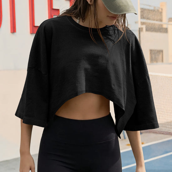 Fisoew Women's Black Casual Short Sleeve Drop Shoulder T Shirts - Fisoew