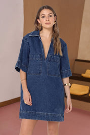 Womens Blue Collared V-Neck Denim Shift Dress Fisoew