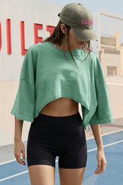 Fisoew Women's Mint Casual Short Sleeve Drop Shoulder T Shirts - Fisoew