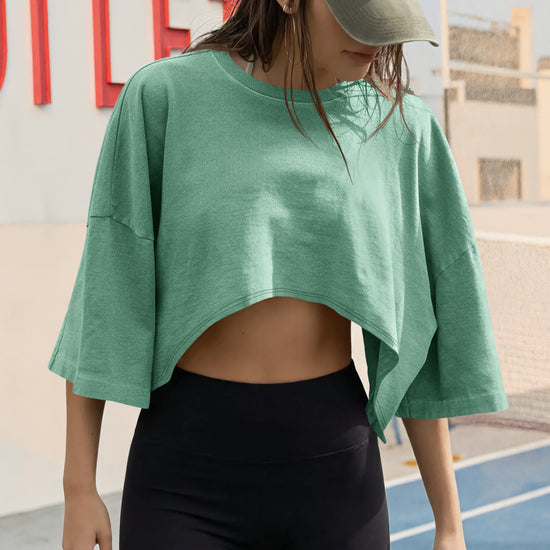 Fisoew Women's Mint Casual Short Sleeve Drop Shoulder T Shirts - Fisoew