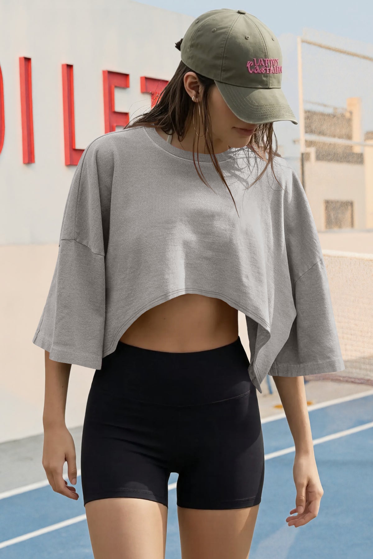 Fisoew Women's Grey Casual Short Sleeve Drop Shoulder T Shirts - Fisoew