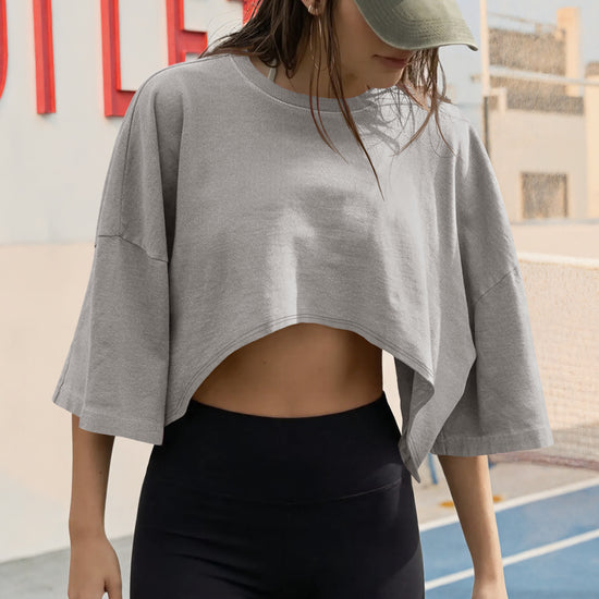 Fisoew Women's Grey Casual Short Sleeve Drop Shoulder T Shirts - Fisoew