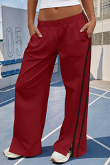 Fisoew Women's Burgundy Baggy Elastic Wide Leg Pants