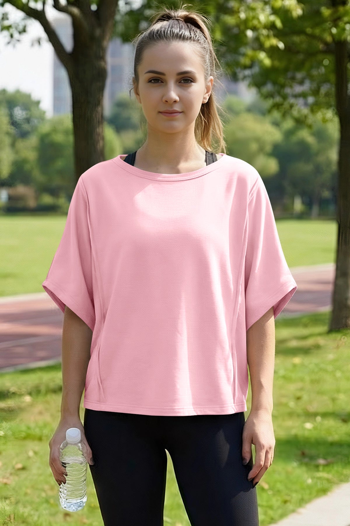 Fisoew Women's Pink Oversized Crop Tops Summer T-Shirt - Fisoew