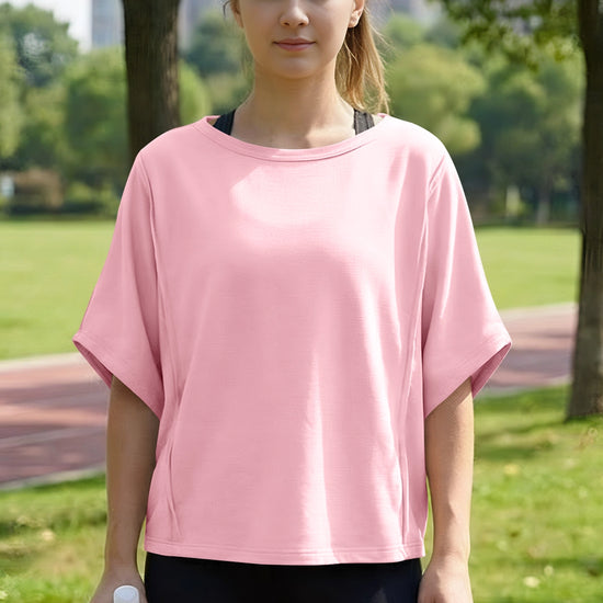Fisoew Women's Pink Oversized Crop Tops Summer T-Shirt - Fisoew