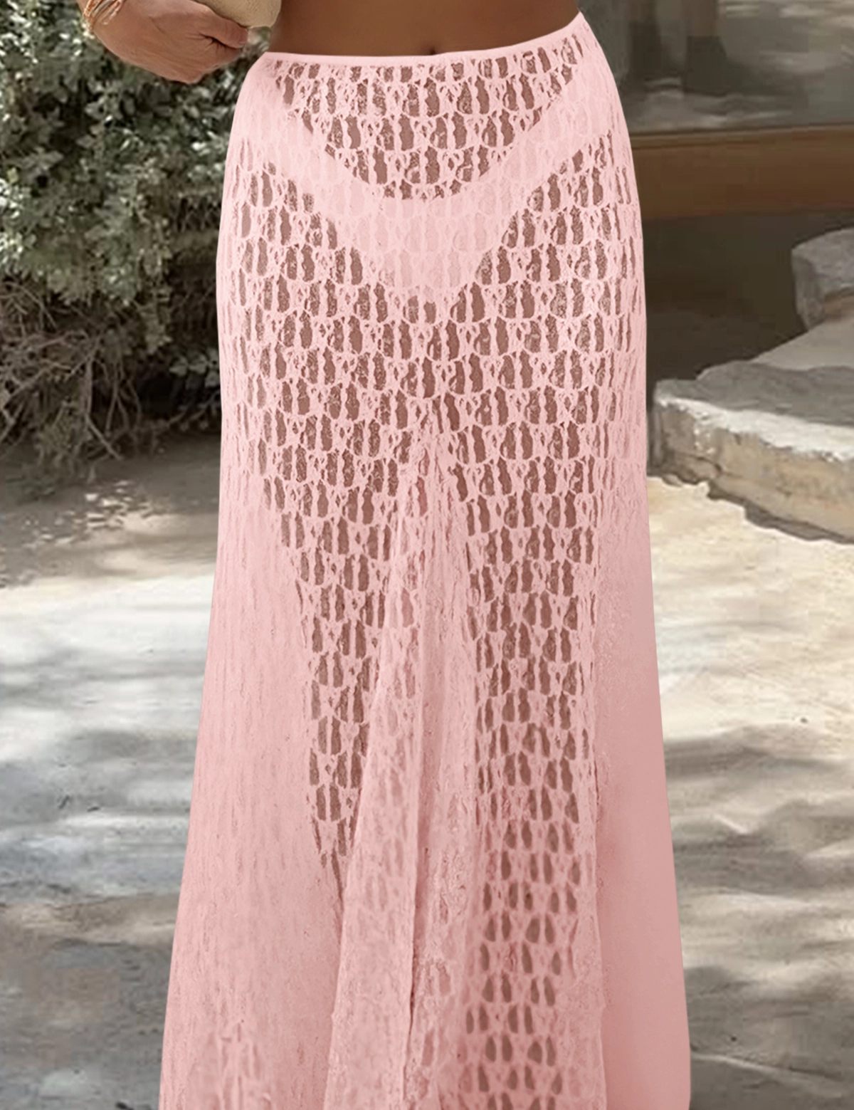 Fisoew Women's Pink High Waist A Line Lace Maxi Skirt - Fisoew