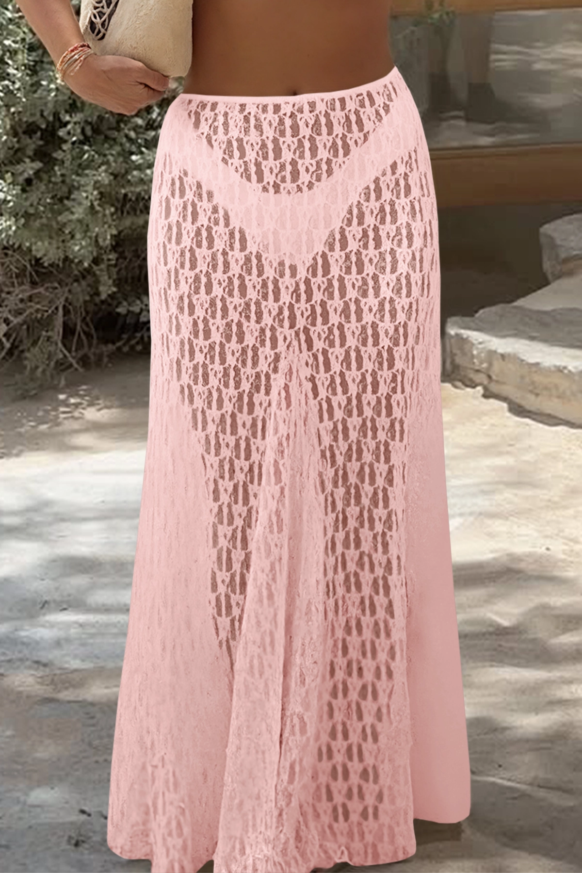 Fisoew Women's Pink High Waist A Line Lace Maxi Skirt - Fisoew