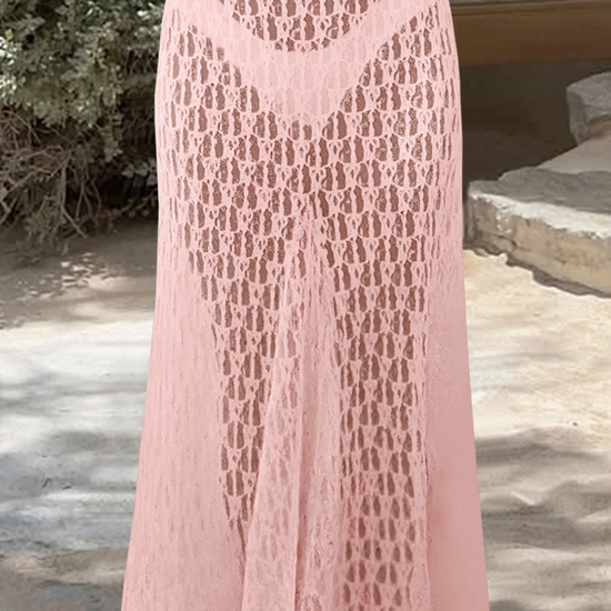 Fisoew Women's Pink High Waist A Line Lace Maxi Skirt - Fisoew