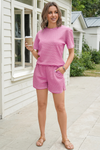 Womens Pink Striped Knit 2-Piece Short Sleeve Loungewear Set Fisoew - Fisoew
