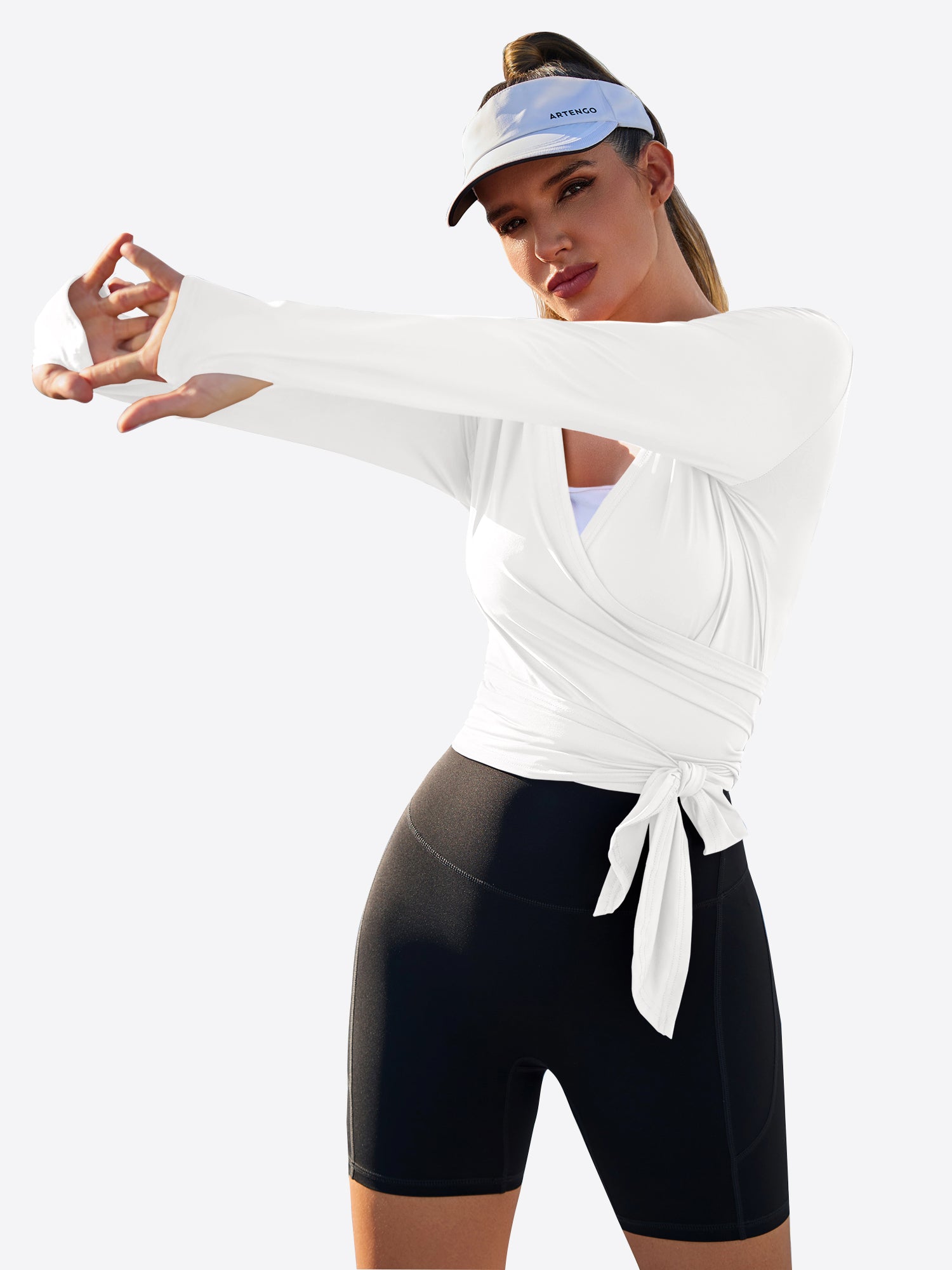 Fisoew Women‘s White Wrap Tie Tops Long Sleeve Workout Shirts - Fisoew