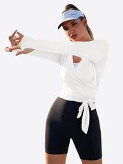 Fisoew Women‘s White Wrap Tie Tops Long Sleeve Workout Shirts - Fisoew