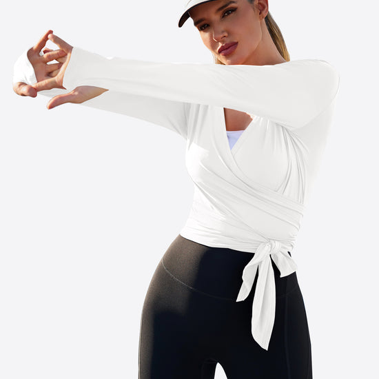 Fisoew Women‘s White Wrap Tie Tops Long Sleeve Workout Shirts - Fisoew
