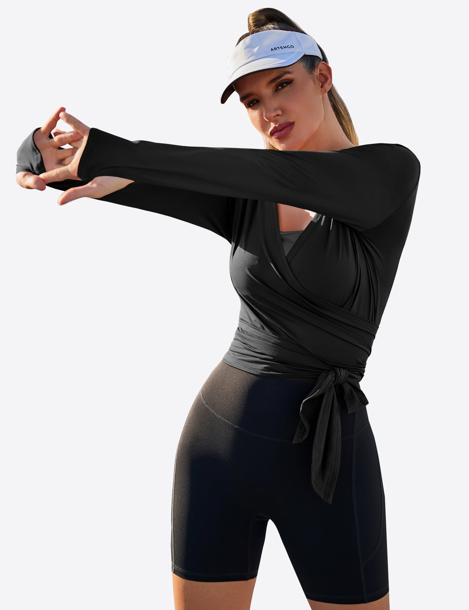 Fisoew Women‘s Black Wrap Tie Tops Long Sleeve Workout Shirts - Fisoew