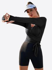 Fisoew Women‘s Black Wrap Tie Tops Long Sleeve Workout Shirts - Fisoew